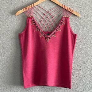 NWT NY & Co. Tank Top Beaded Pink Embroidered V-Neck Strappy Shirt Sz Medium